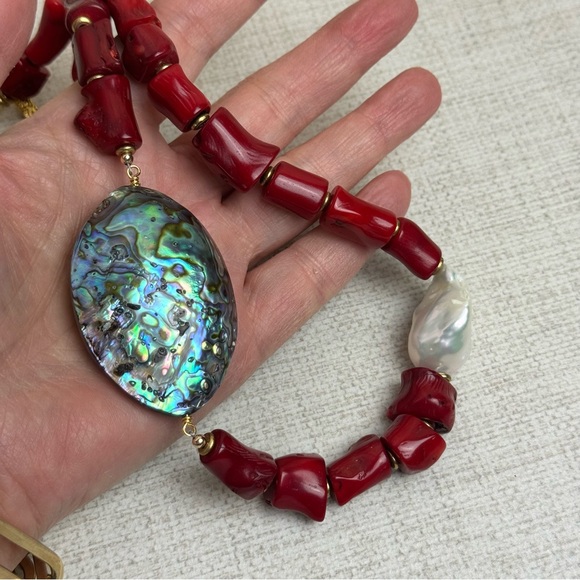 Handmade Coral Abalone Pearl Beaded Statement Necklace - Picture 7 of 8